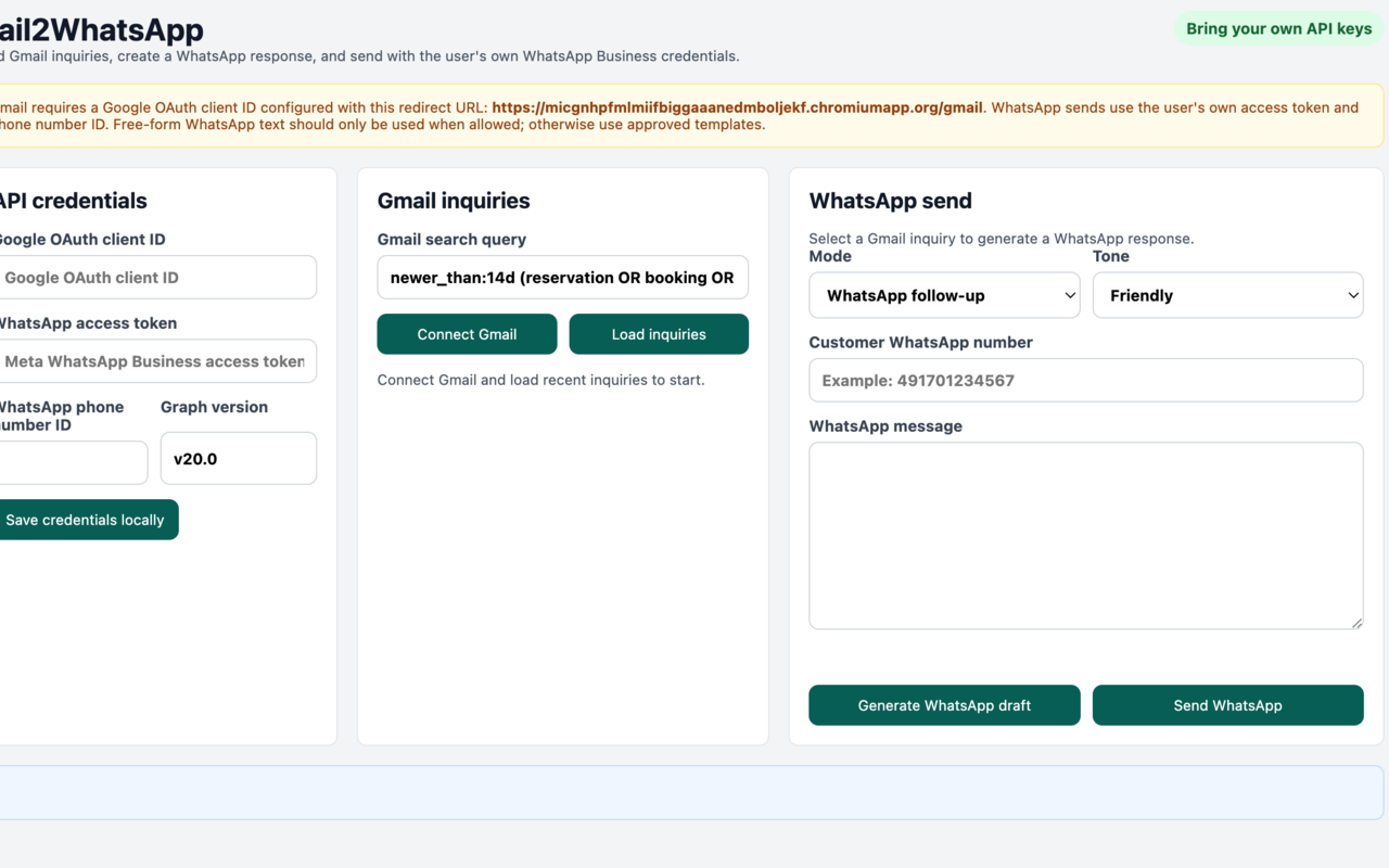 Mail2WhatsApp Chrome extension interface showing Gmail enquiry response workflow